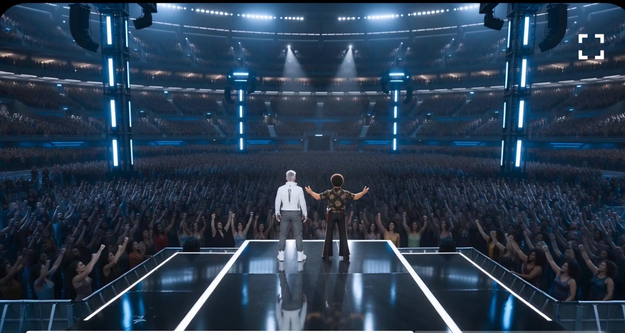 Two of them, arms out, facing the arena